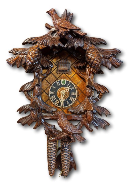 Pine cone cuckoo clock Dark stained with two birds