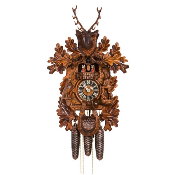 8 days cuckoo clock with music hunting piece with carved figures