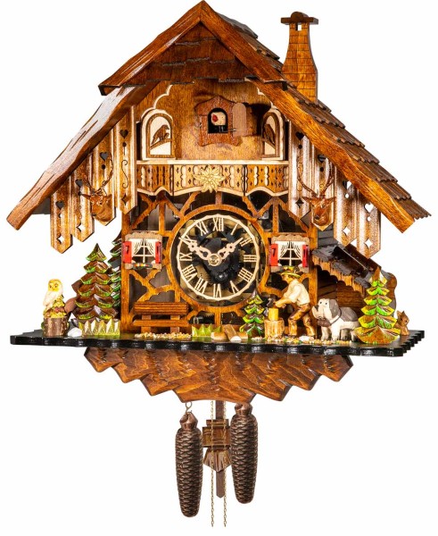 Cuckoo clock 1 day black forest house with wood chopper and visible clockwork