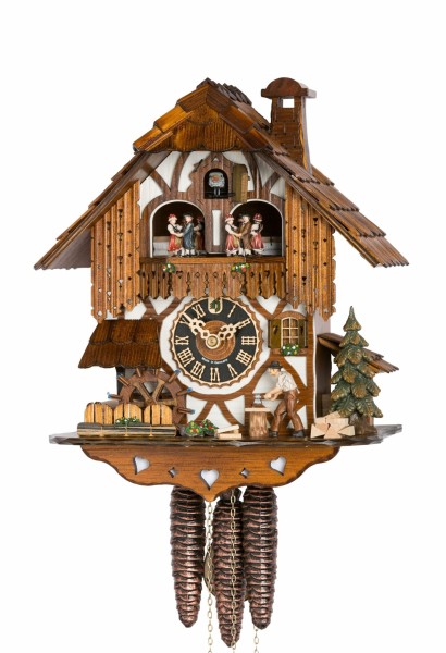 Woodchopper with half-timbered house 1 day cuckoo clock with music